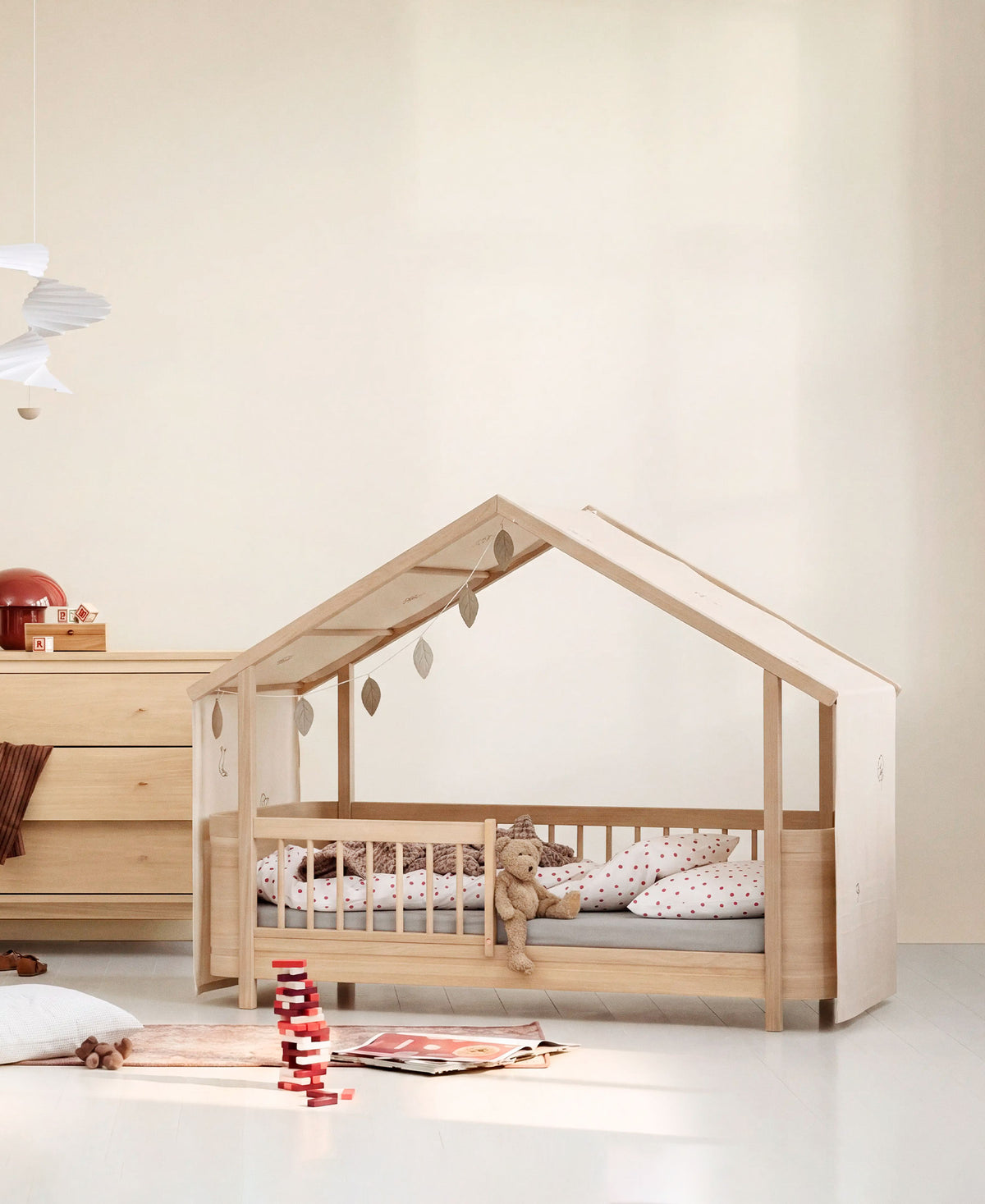 Wood Mini+ house bed canopy with embroidery, undyed